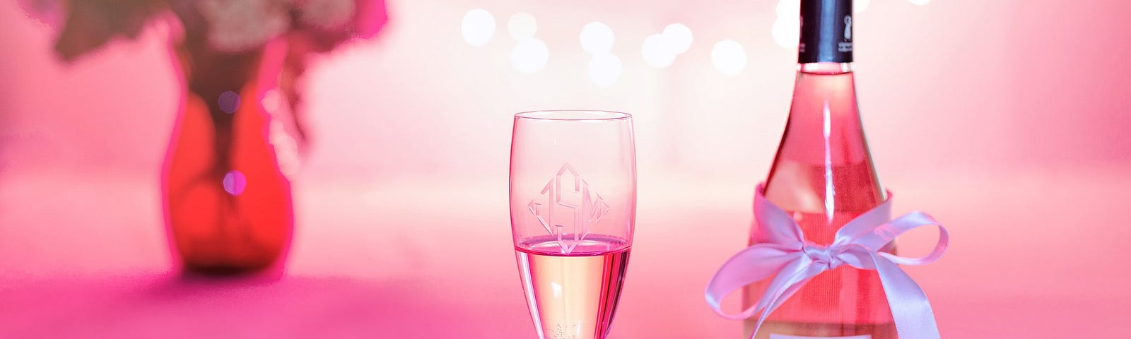 Pink picture of champaigne in a glass with flowers in the background
