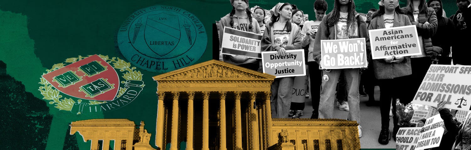 Graphic with deep green background with the Supreme Court building and protestors with signs in the foreground.