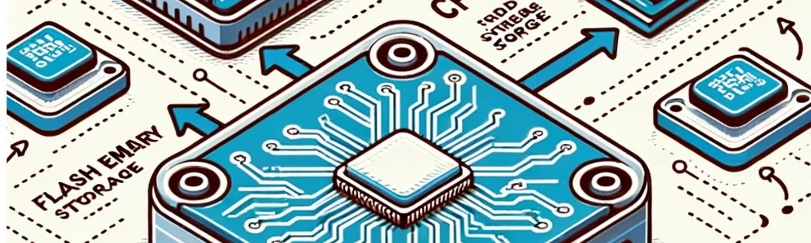 A technical diagram illustrating data transfer within a computer system. A central CPU is connected to several solid-state drives (SSDs) labeled with “SSD”. Arrows from these SSDs point towards the CPU, indicating the flow of code. Another set of arrows leads from the CPU to a series of RAM modules, emphasizing the data’s journey from storage to active memory. The RAM modules are highlighted to signify their higher speed.