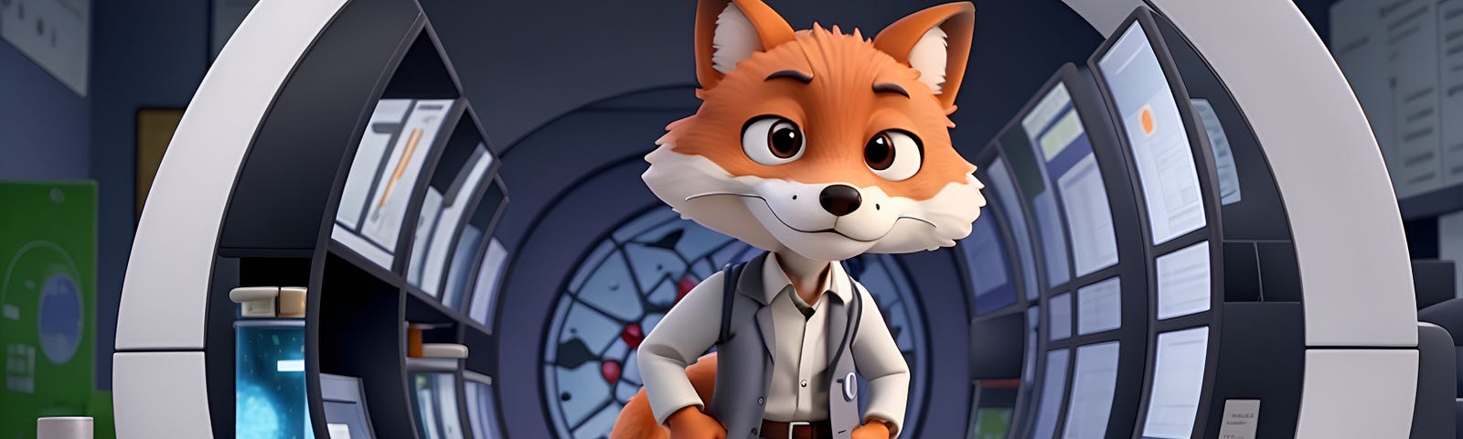 An AI-generated fox in the style of a Pixar 3D animation, wearing a grey sleeveless jacket, a white shirt and dark grey pants, standing in hat appeares to be a surreal tubular office.