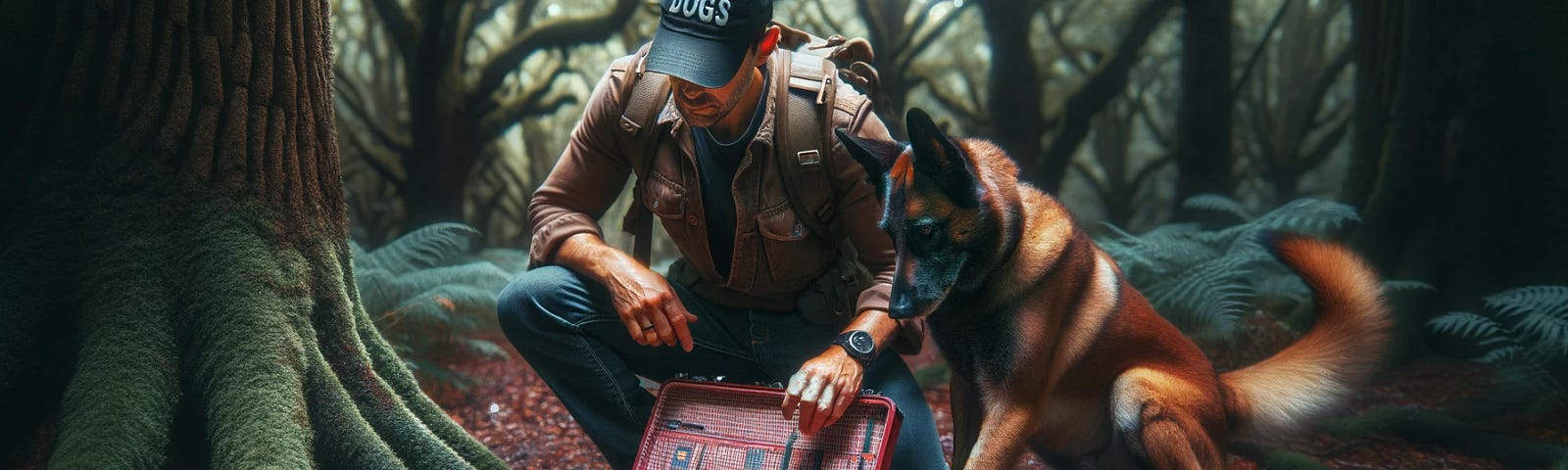 A man wearing a blue cap and his Malinois find a red suitcase under a tree.
