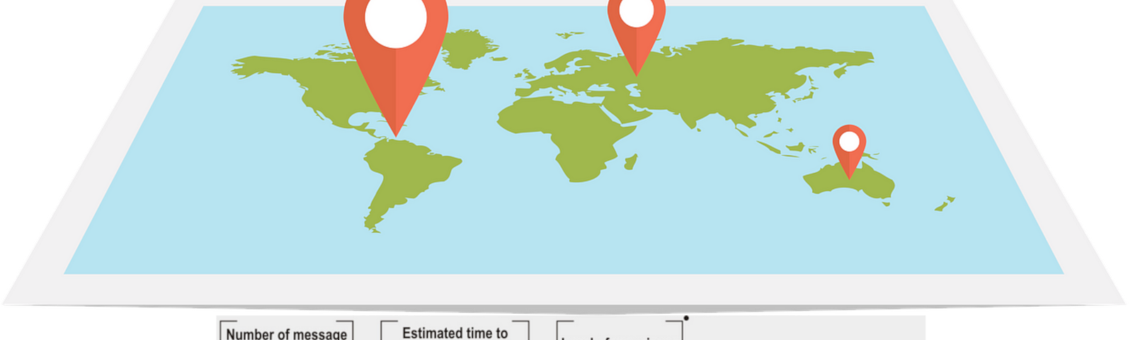 Top picture shows a flat world map with three locations pinned on it. The Americas, Eurasia, and Australia. Bottom picture shows a formula depicting the time and resources required to translate lines of text in a software application.