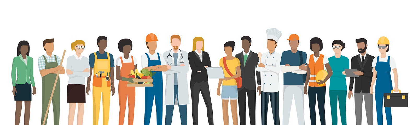 Illustration of 16 people with different professions, including office worker, farmer, carpenter, construction worker, doctor, chef, and more.