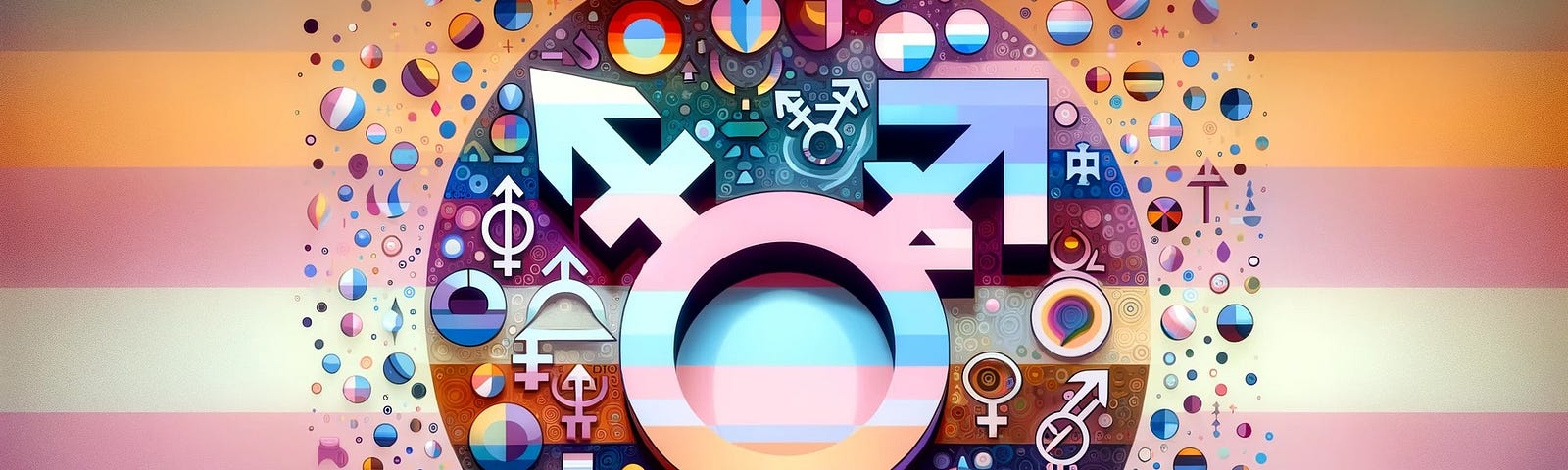 A cheerful image of a trans symbol with various gender diverse symbols and colours.