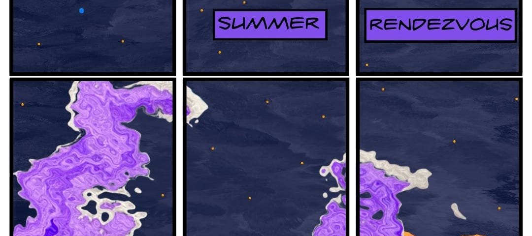 9-panel haiku comic strip where each panel shows a part of purple waves crashing against a sandy beach at night. The haiku reads, “Summer rendezvous Underneath Orion’s belt On a lonely beach.