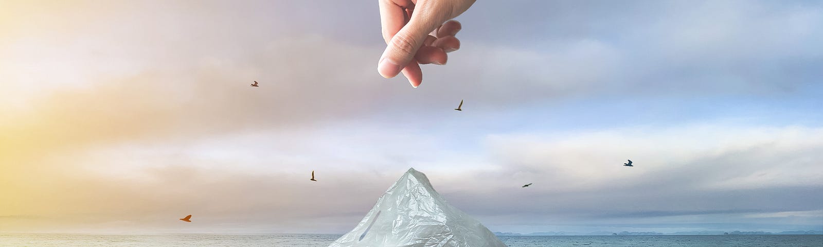 plastic bag floating in ocean with hand reaching in to save it.