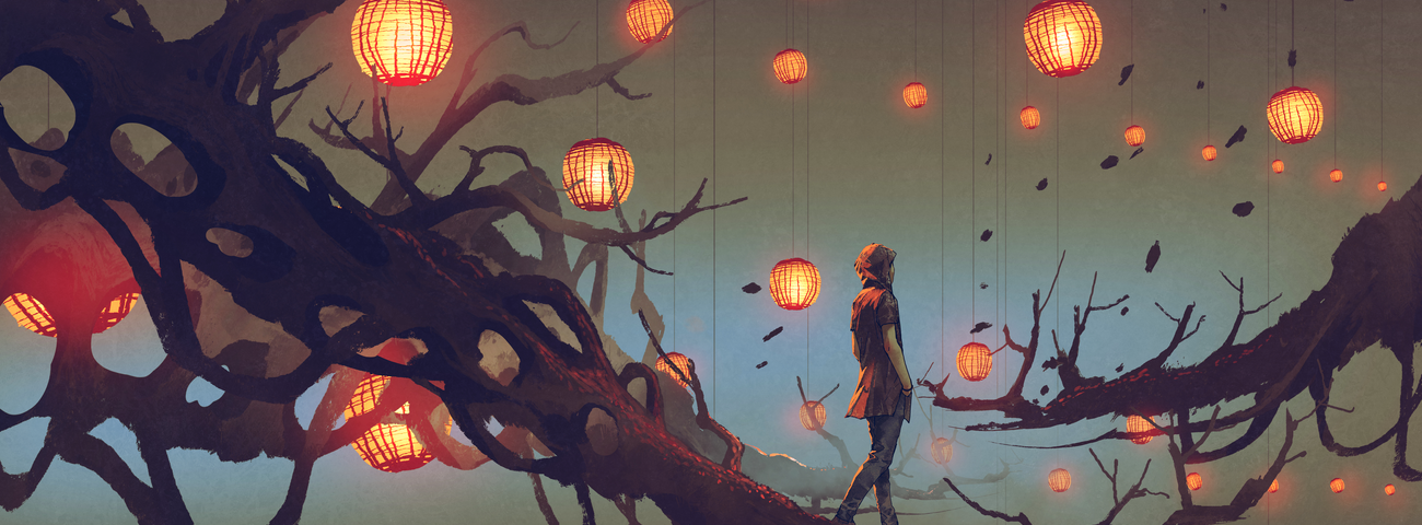 Image: A figure walking out onto the precarious end of a tree brack hung with glowing orange lanterns.