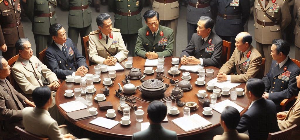 A group of politicians and military men, sitting around a table, deep in discussion.