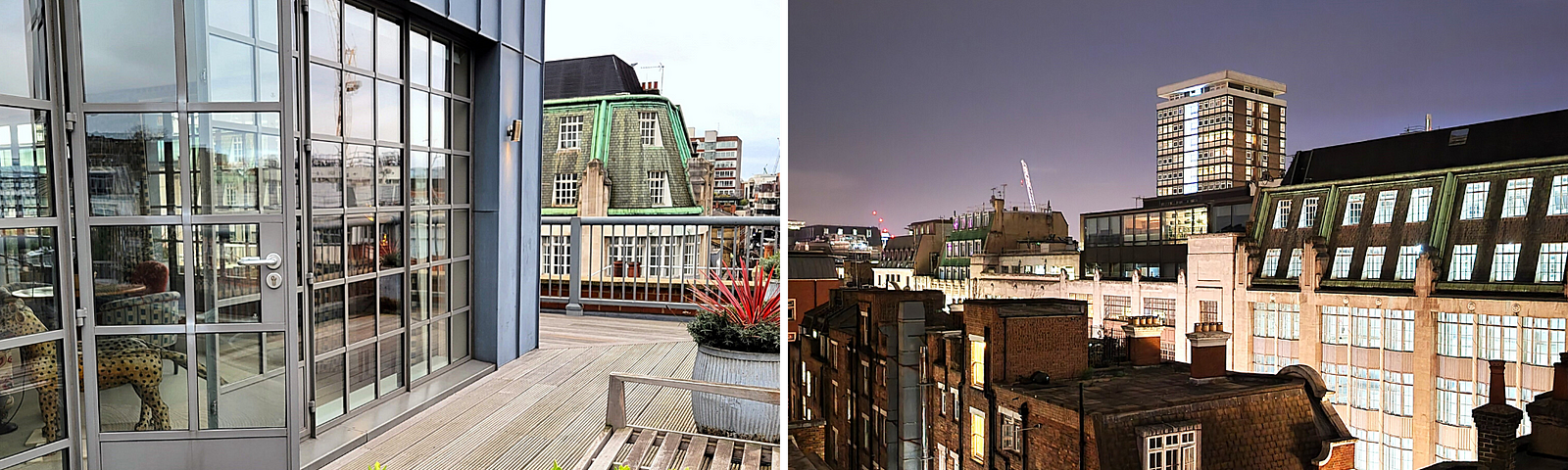 The view in day and night from the Terrace Suite’s private balcony. Photos by Laura Metze.