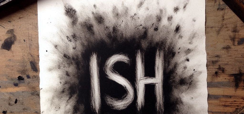 A charcoal print of the letters ISH