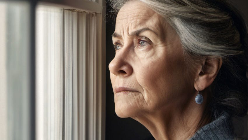 A mature woman looking out a window, worry on her face.