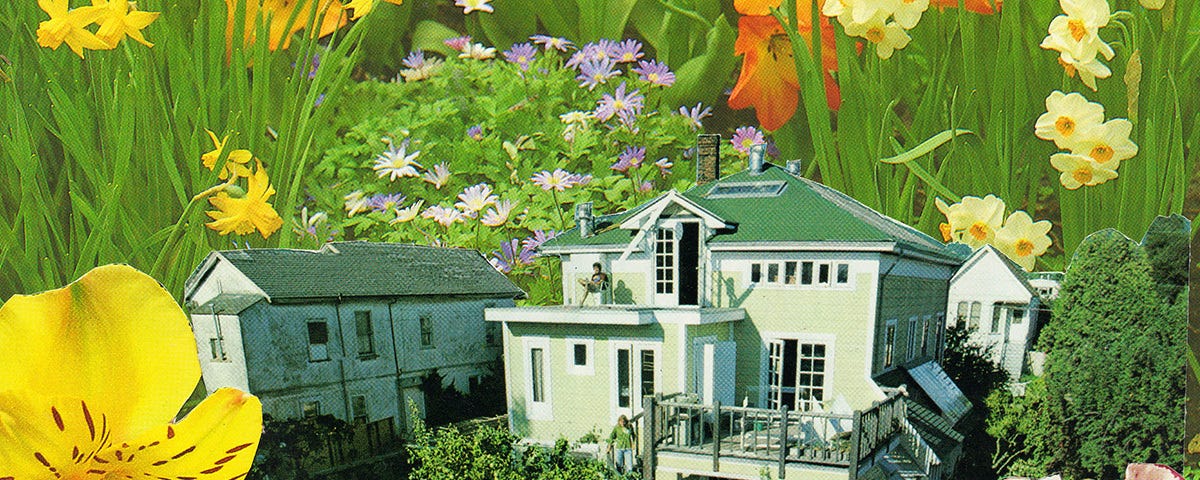 a collage depicting a tiny house surrounding by tall colourful flowers