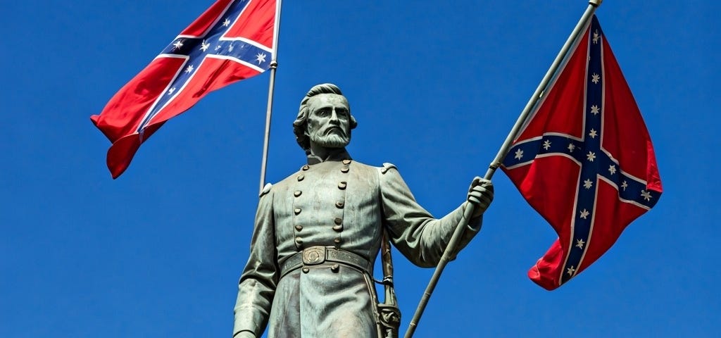 AI-Generated image of a statute of a confederate general with confederate flags