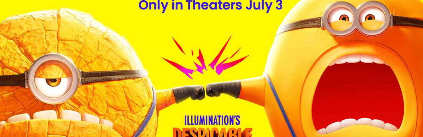 Two large minions known as megaminions are fistbumping. The tile says “Illumination’s Despicable Me 4“,” film review, movie critic, animated, comedy