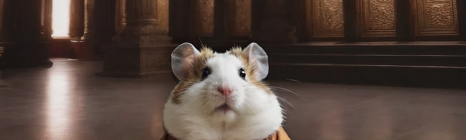 A hamster wearing a robe, about to climb onto a bed of nails
