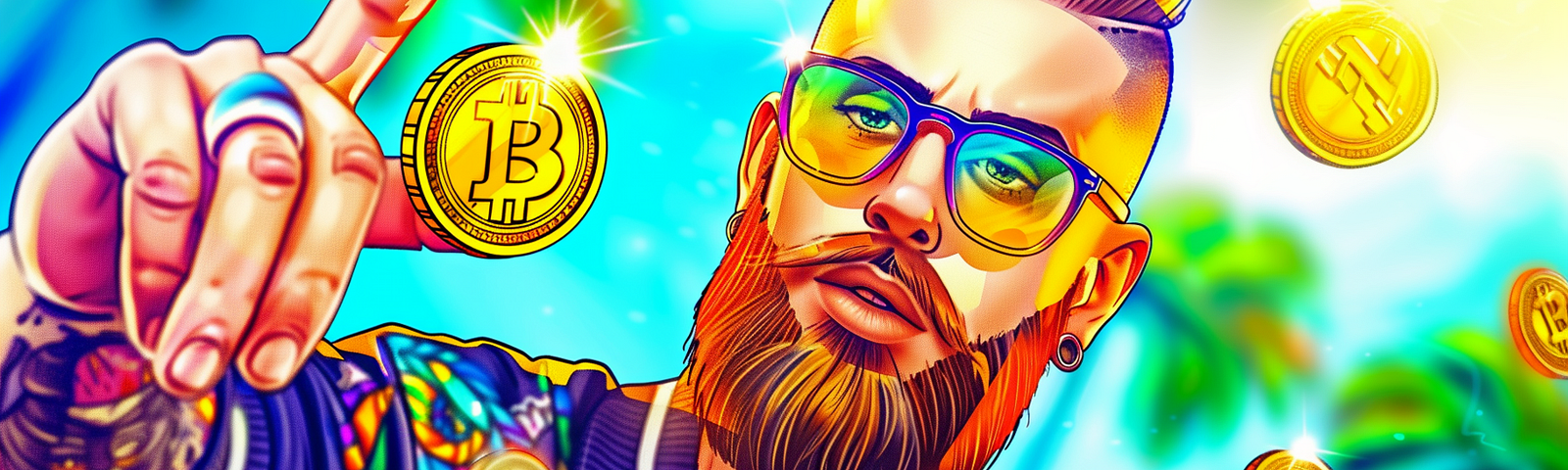 Expert Insights on Investing in Blue-Chip Cryptos vs. Small-Cap Altcoins A Detailed Breakdown of Both and How to Use Them to Build a Profitable Crypto Portfolio, AI image created on midjourney by henrique centieiro and bee lee, a handsome man with glasses and beard and tattoo, with one hand holding a bitcoin and the other hand holding a small gold coin