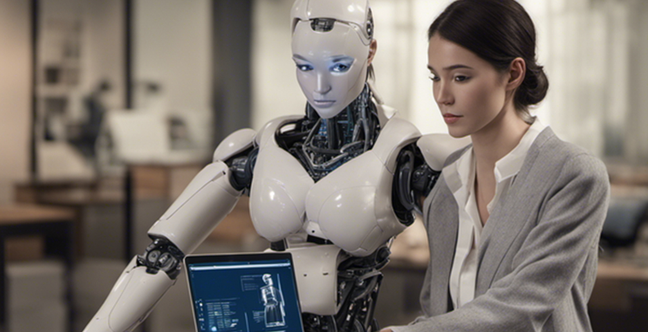 File: Humanoid robot and woman retrieve information — includes a visible typical error of recent AI-generated pictures.png English Humanoid robot and a woman retrieve information from a laptop. The picture was AI generated by the “author”/uploader with granted rights. The picture comprises errors — the second forearm and hand of the woman are unhuman artifacts. Author Polimorph This file is in the public domain because it is the work of a computer algorithm or artificial intelligence and does no