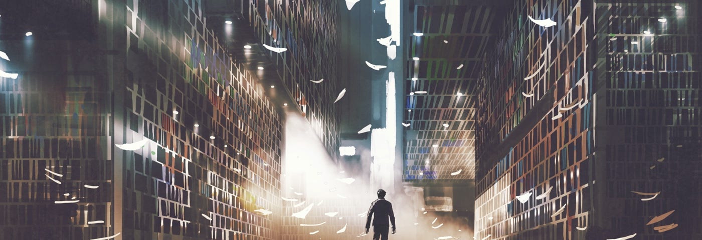 Image: A figure walking into a vast library, pages flying through the air and falling around them.