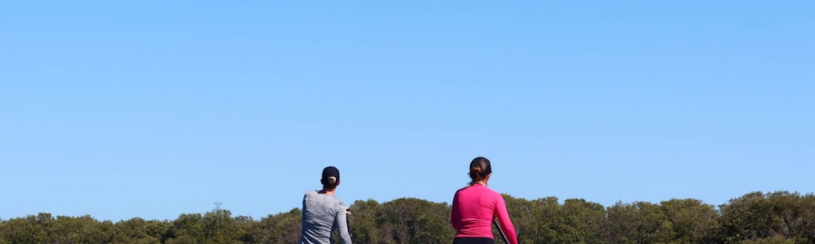 Photo of two people paddling on a lake with a clear blue sky above them