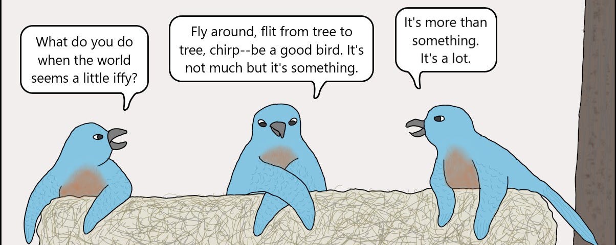 Three birds discuss an iffy world.