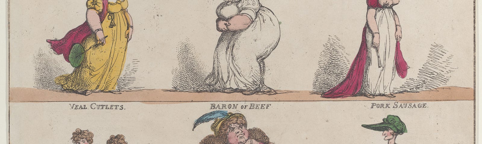 A Caricature of Women commenting on their body size from the 19th century.