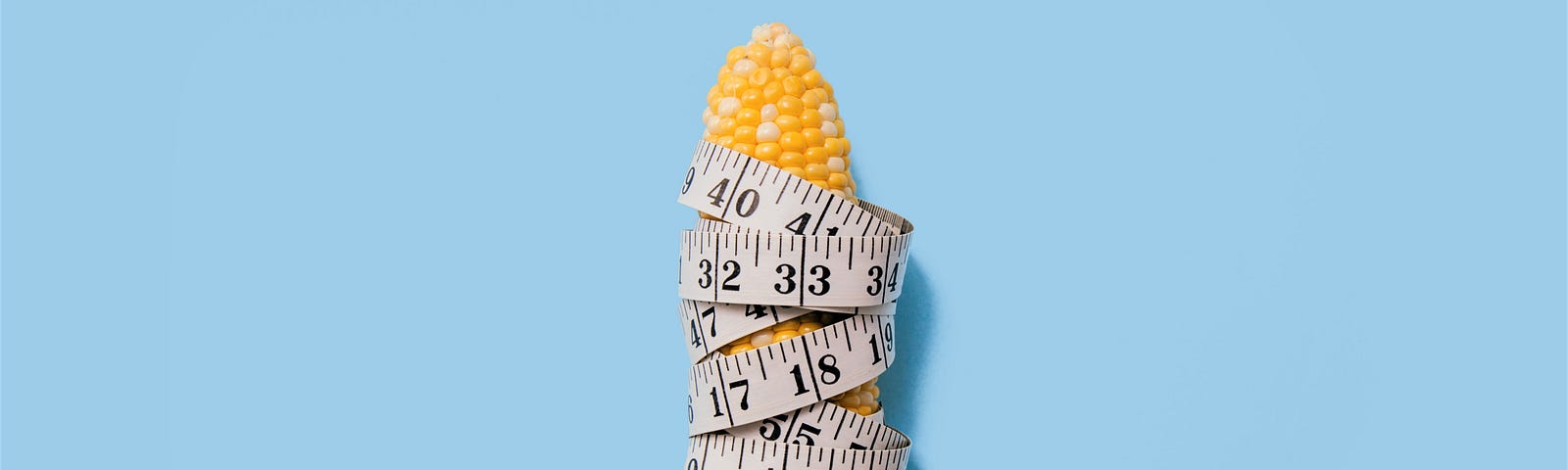 Corn on the cob wrapped in measuring tape on a blue surface