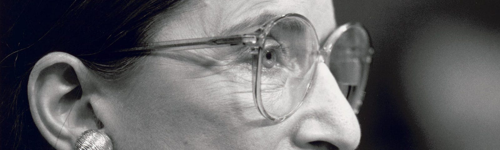 Close-up of American jurist Ruth Bader Ginsburg (1933–2020) during her testimony before the US Senate Judiciary Committee during a confirmation hearing over her appointment to the Supreme Court, Washington DC, July 20, 1993.