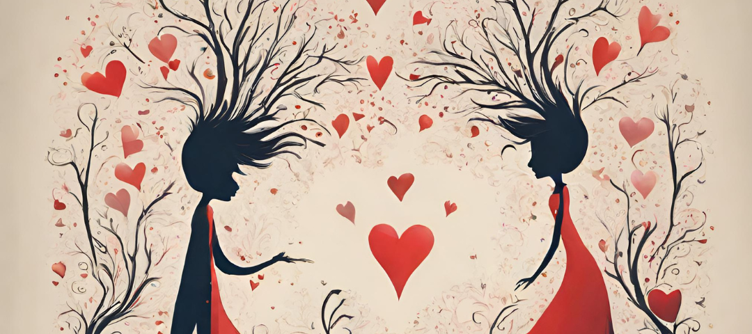 two ink colored figures with tree branches and red hearts surrounding them.
