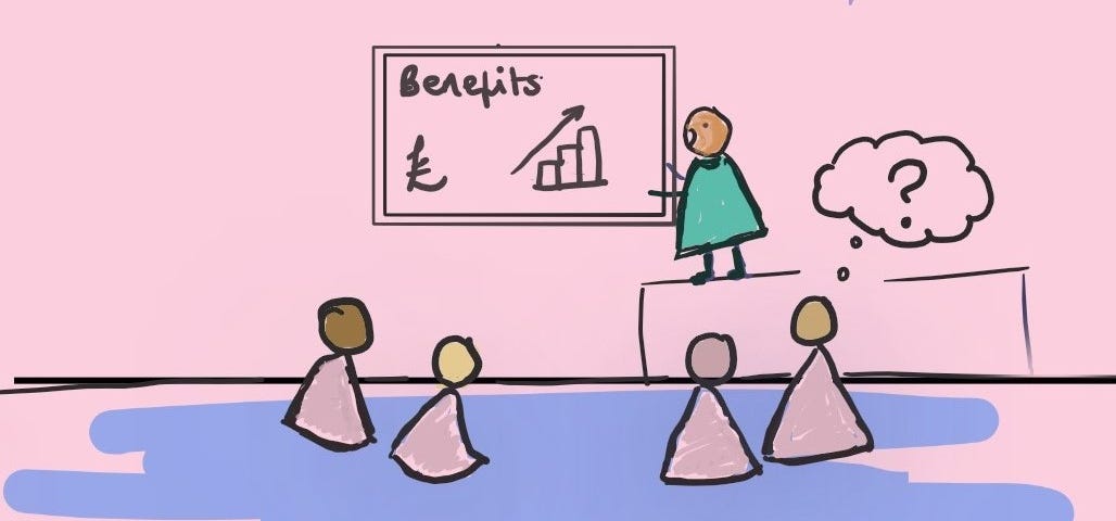 Illustration of a person standing on a stage presenting the benefits of design systems to stakeholders.