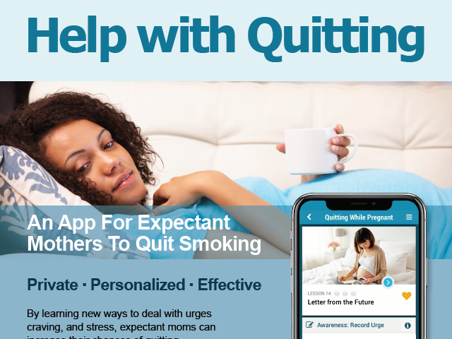 Graphic of a pregnant woman drinking tea while reclining on a couch, and of a smartphone displaying the quit app in the front