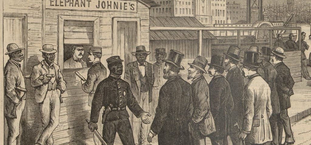 A depiction of a Black policeman addressing a crowd during Reconstruction. (Credit: LaRC/Tulane University)