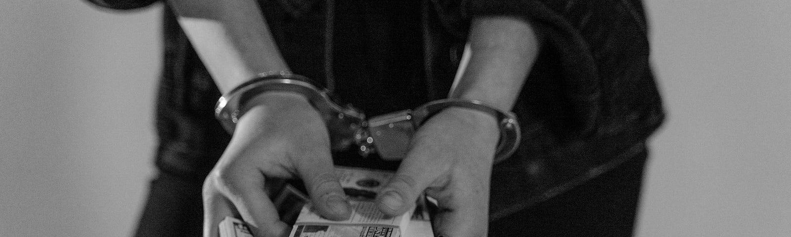 Woman in police cuffs holding blocks of cash