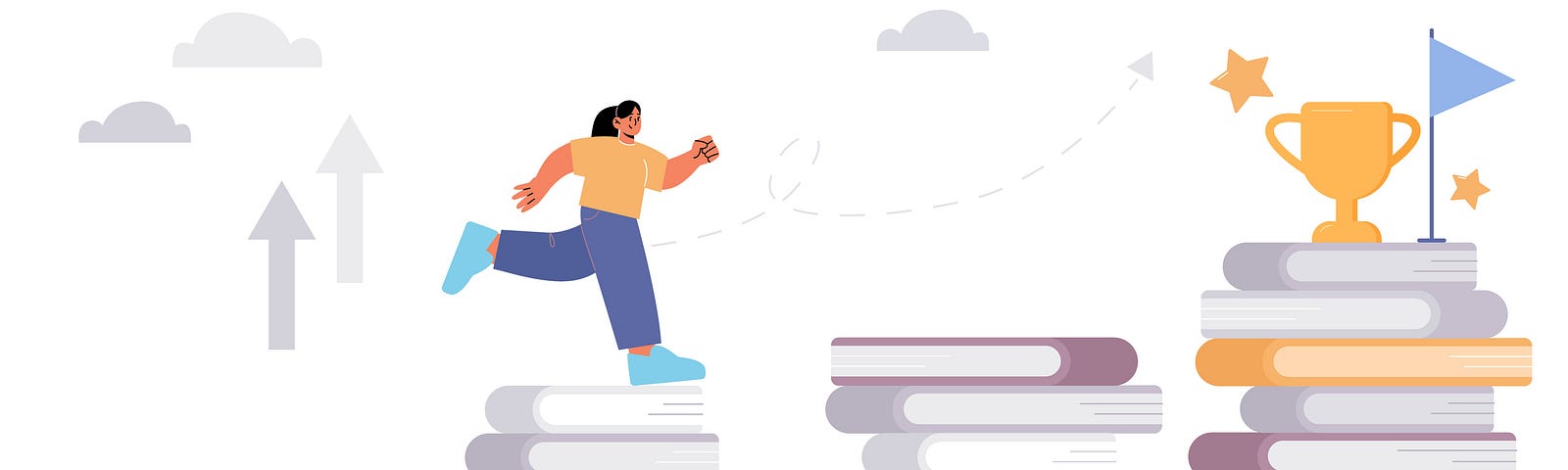 Illustration of 4 stacks of books arranged like a staircase. A woman runs up the books towards a trophy at the end.