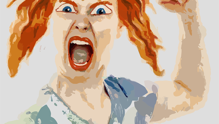 An example of the “wrong” person. A graphic of a red haired women with pigtails. Her mouth is open and her fist is raised. It looks like she is angry and striking out. She wears a light blue v neck t shirt.