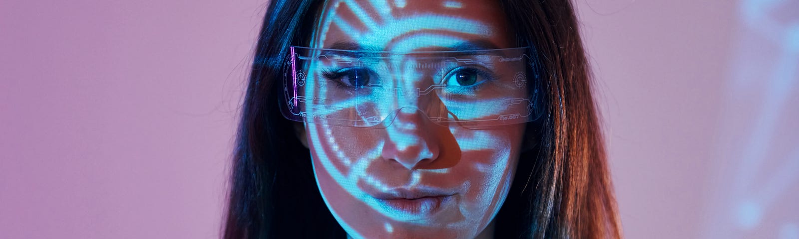 Young woman with AI robot type lines projected onto her.