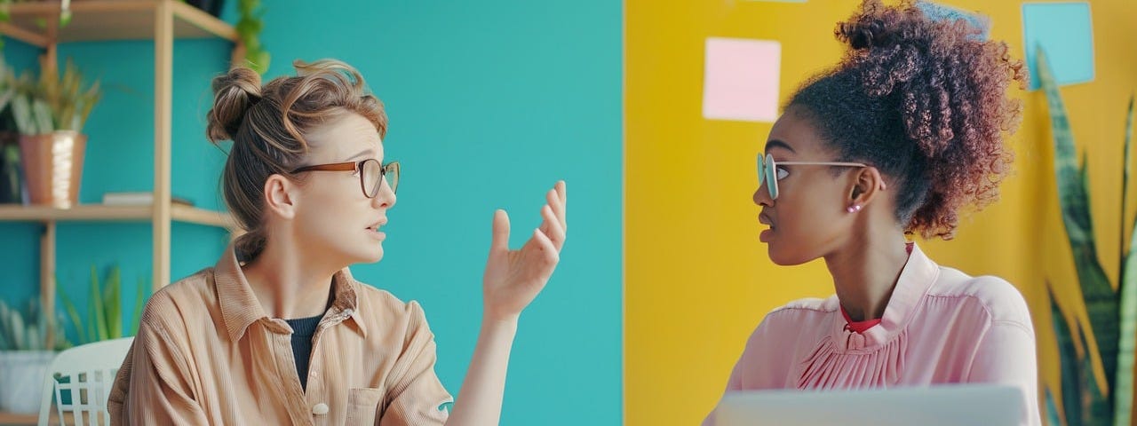 Two women are are having a work conversation. One is wearing a brown shirt and glasses. She has her hair in a messy bun. The other is wearing a pink top, also wearing glasses, and has her curly hair in a ponytail.