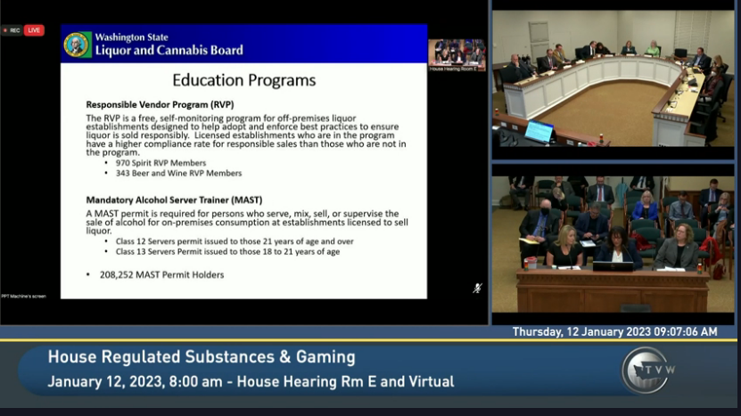 A screenshot from the House Regulated Substances and Gaming work session, with “Education Programs” slide on the left-hand side, an image of legislators and LCB staff presenting on the right-hand side