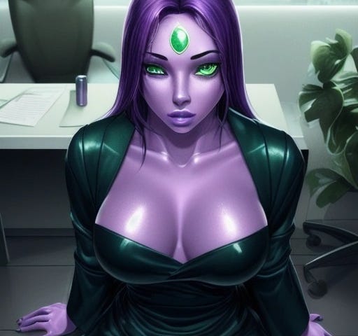 A stunningly beautiful woman, with purple skin and large green eyes, long dark purple hair, solid shiny green oval on her forehead, full lips, sitting in a meditative trance, on the floor of a futuristic business office, tube top uniform, wearing a dark blue robe