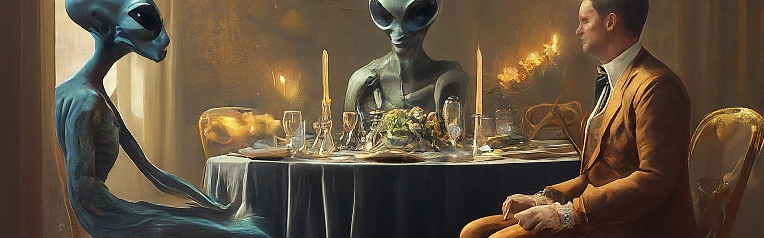 two aliens and a human seated at a table eating dinner