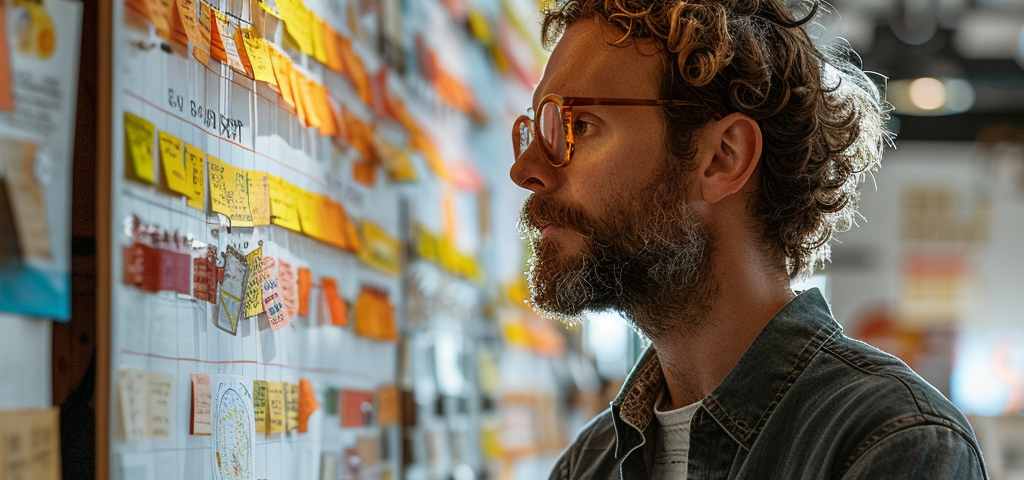 a man standing in front of a large board filled with sticky notes of various colors and papers with texts or diagrams. He appears to be contemplating or analyzing the contents of the board. The man has curly hair, a beard, and is wearing glasses. He’s dressed casually in a denim jacket over a striped shirt. The setting seems like a workspace or a brainstorming area, possibly within a creative studio or an office where projects, schedules, or ideas are visualized and organized. The lighting is wa