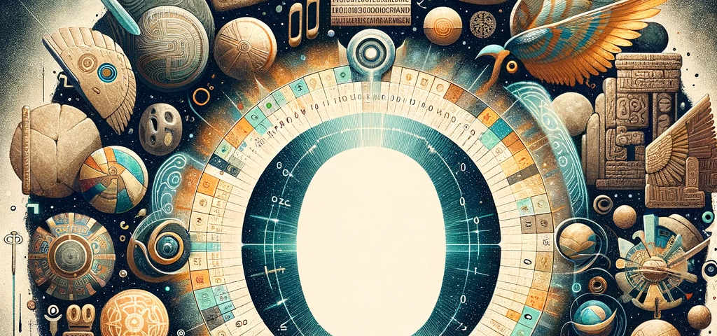 This image is a whimsical and symbolic illustration that captures the essence of the concept of zero. At its center is a large circle symbolizing zero, surrounded by a blend of elements from various eras and cultures. These include ancient Mesopotamian cuneiform tablets, a Mayan calendar, Indian mathematical manuscripts, and patterns representing modern digital binary code.