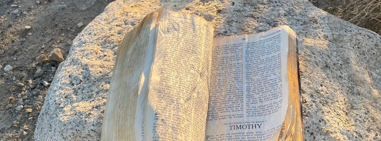 The book of Timothy opens on a random rock. Photo by Mark Tulin.