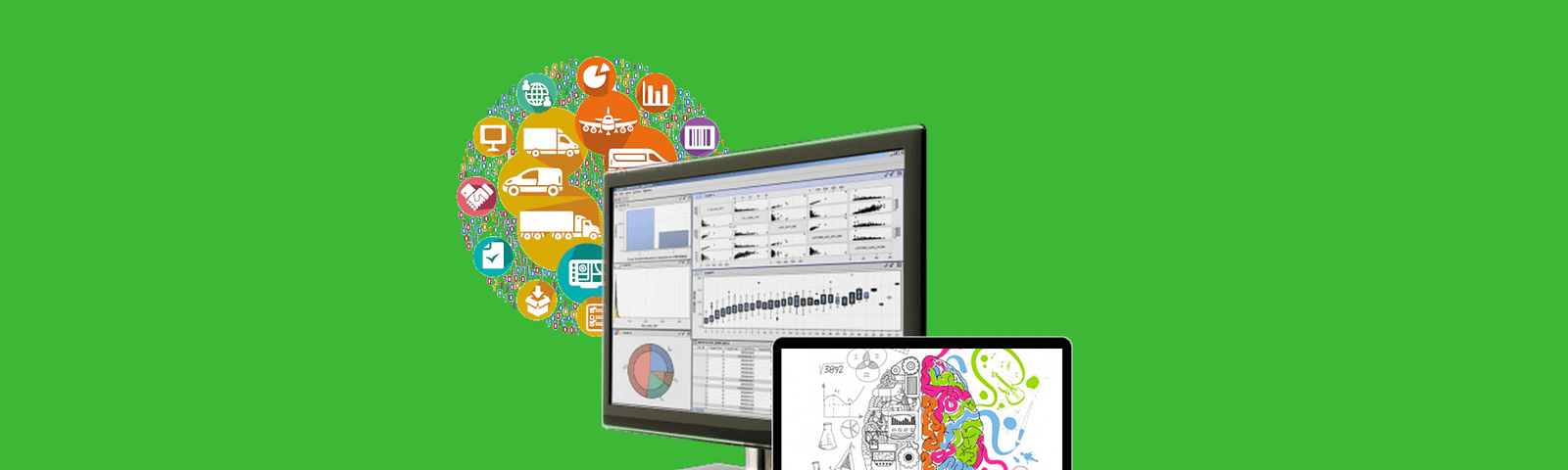 multiple logos, graphs, computer monitor, laptop showing graphs on a green background