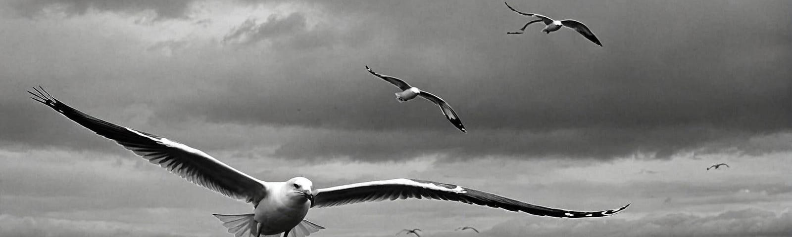 Seagulls flying under grey skies