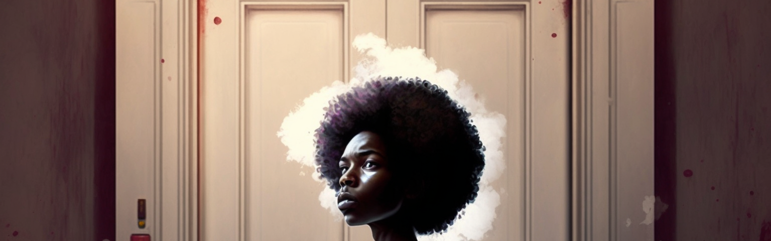 AI Generated image of black woman, huge afro, in front of a massive white door.