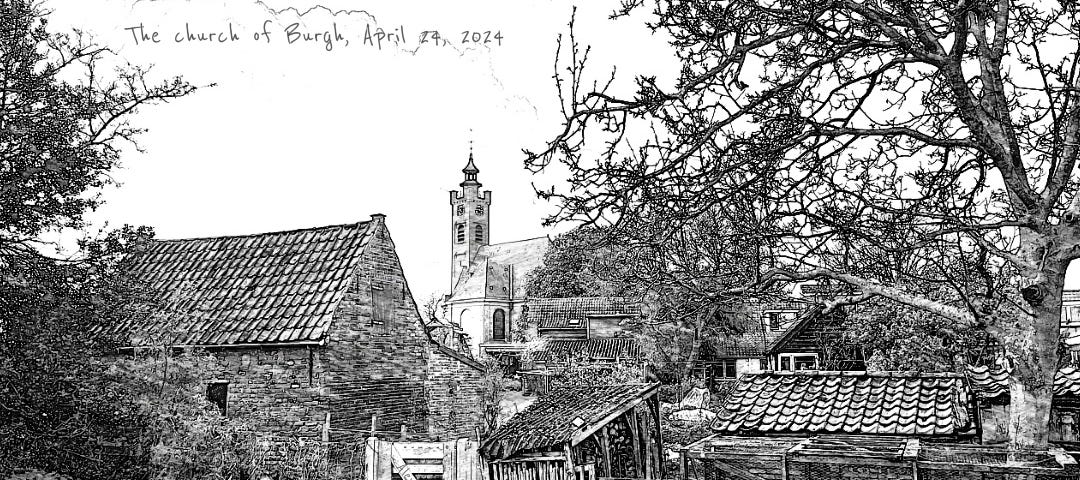 In the foreground: old stables, scattered and unorganized. In the background of this electronically made sketch is a church tower. On the right is a big tree