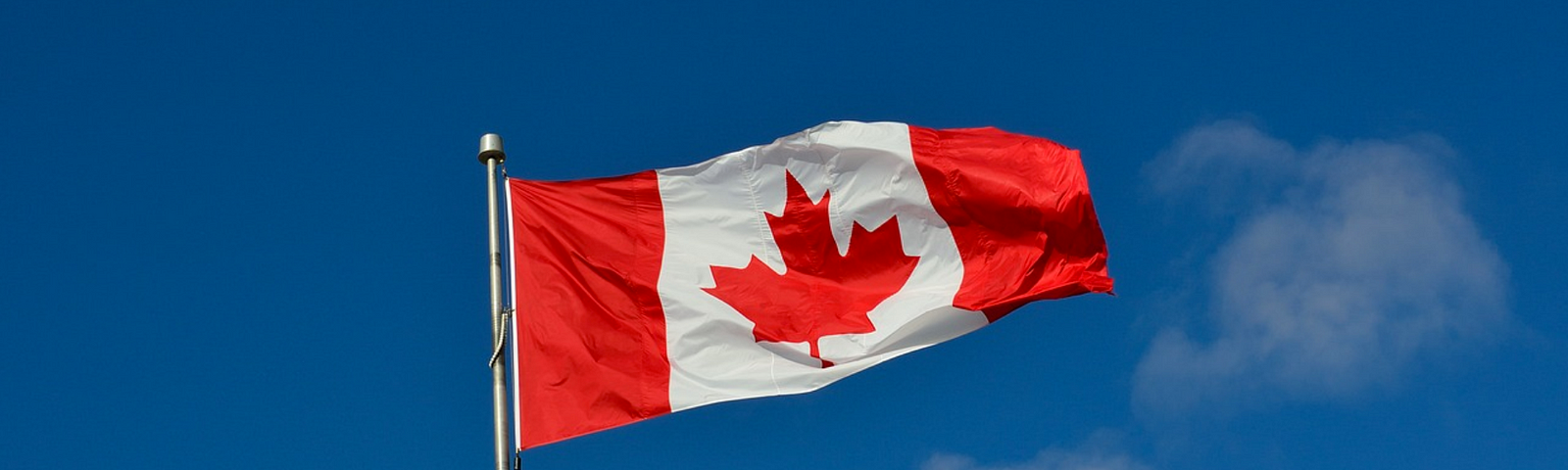 The Canadian flag in front of the blue sky