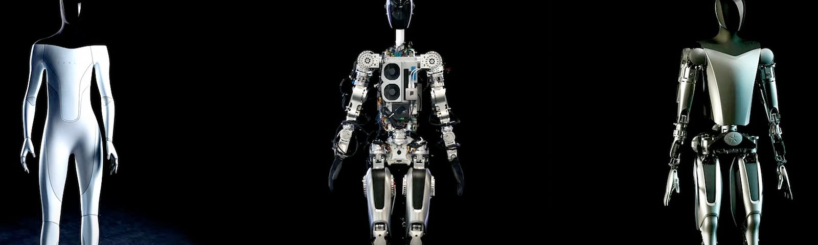 IMAGE: On a black background, the evolution of the Tesla Optimus humanoid robot from concept, to development platform, and to the latest generation