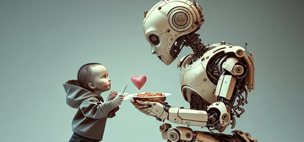 A small child being taken care of by a large robot. The robot is lovingly sharing a plate of food.