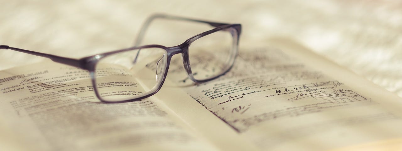 Reading glasses sitting on top of an open book.